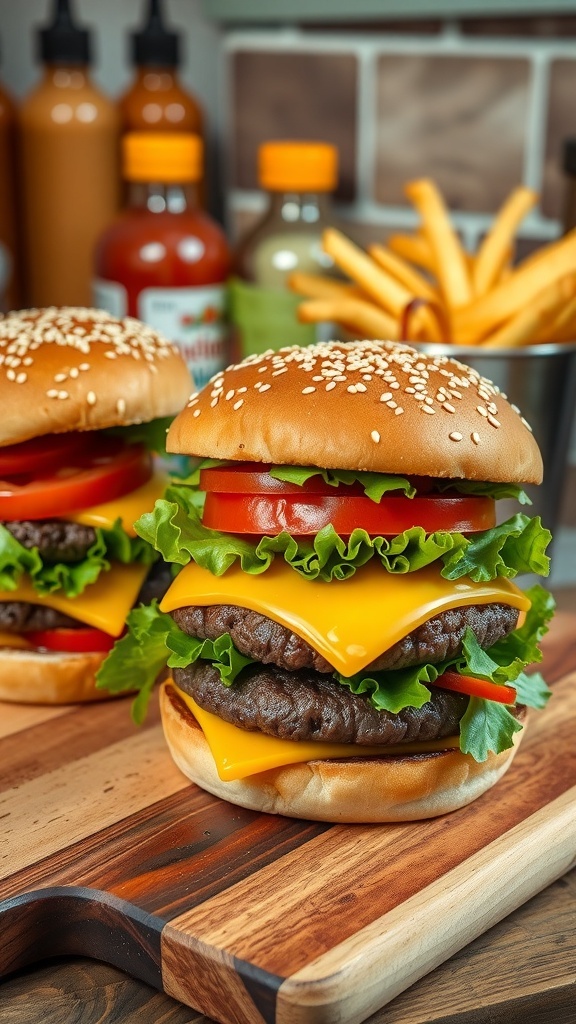 Two juicy hamburgers with lettuce, tomato, and cheese on toasted buns, served with fries.